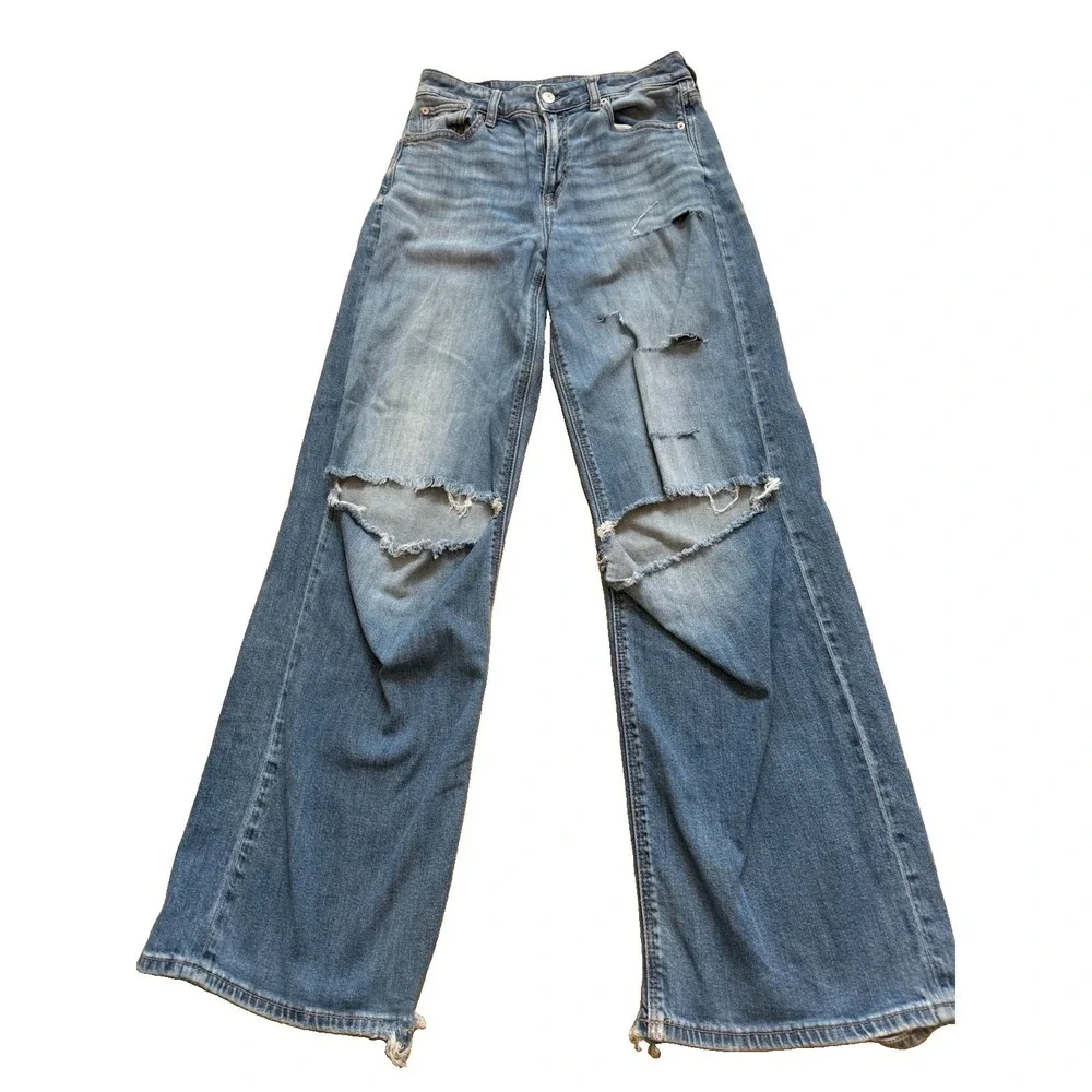 American Eagle AE Baggy Jeans Wide Leg Women Loose Holes Skater Festival 0 XS
